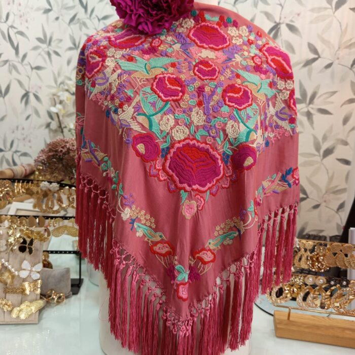MANTÓN SEDA MODELO PEPA Rosa con Buganvilla.